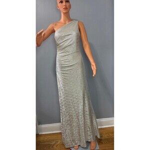 Cache Silver One Shoulder Gown Size 4 Metallic Formal Prom Evening Dress.